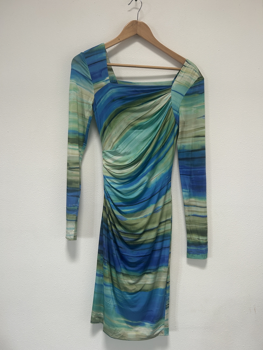 Escada Teal and Blue Watercolor Ruched Long-Sleeve Dress